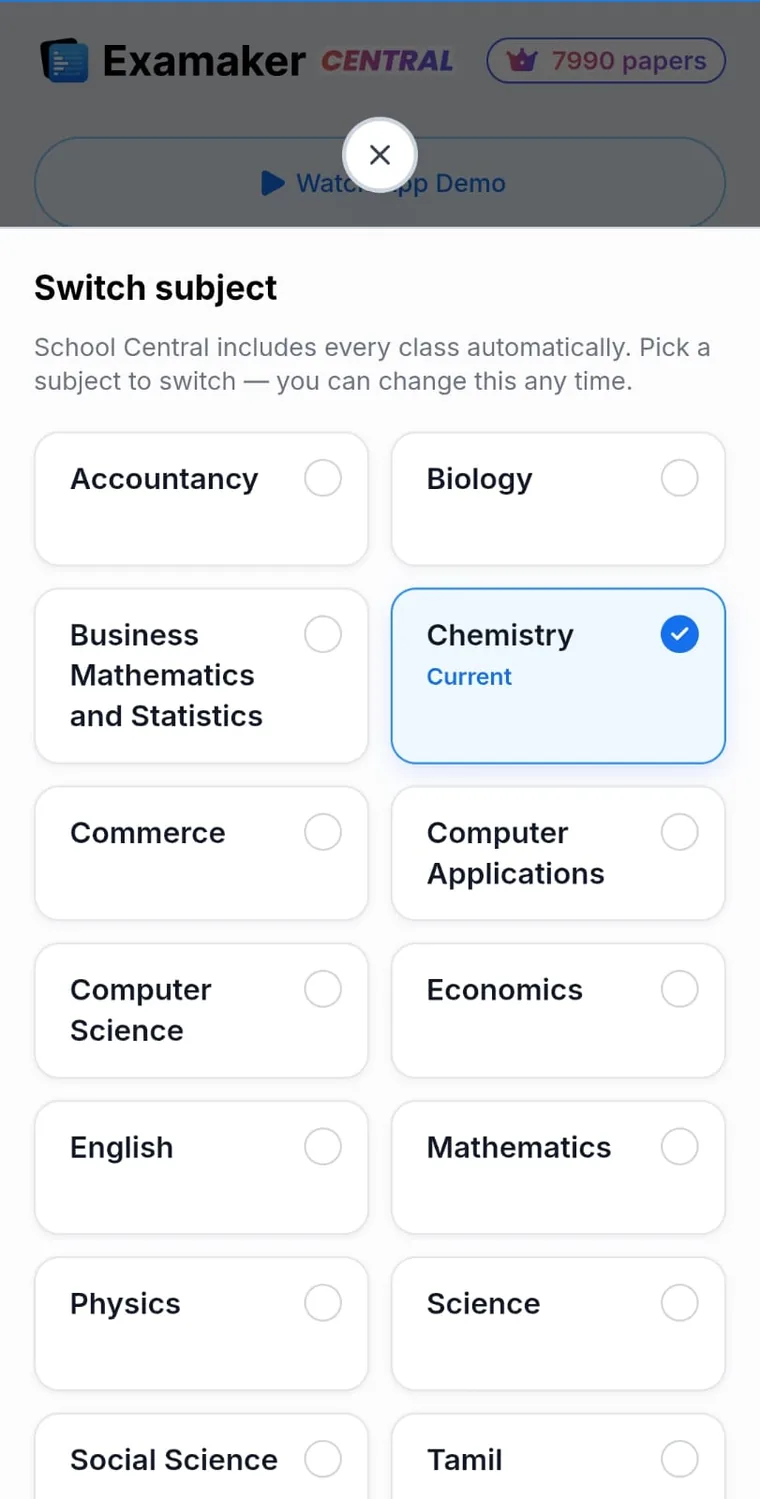 Switching subject on School Central, on a phone: the Examaker Central header with the school's paper balance, and a subject list where every class is included automatically and the subject can be changed at any time.