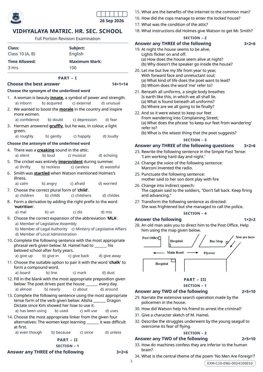 Page one of a Class 10 English question paper, printed two columns to a page. The school logo and name sit at the top with the exam date and a register-number strip, and the first fourteen one-mark questions run down both columns.