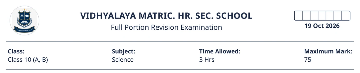 The top of a real generated question paper, enlarged: the school logo on the left, the school name and exam name centred, a register-number strip and the exam date on the right, and a row underneath giving the class, subject, time allowed and maximum mark.