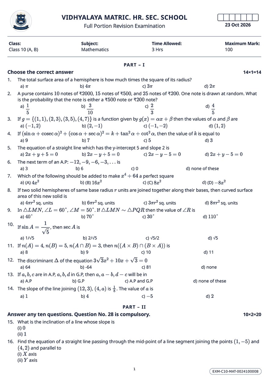 Page one of a Class 10 Mathematics question paper made with Examaker. The school logo and name sit at the top beside a register-number strip and the exam date, above a header row giving class, subject, time allowed and maximum mark. Part I follows with fourteen one-mark multiple-choice questions, then Part II.