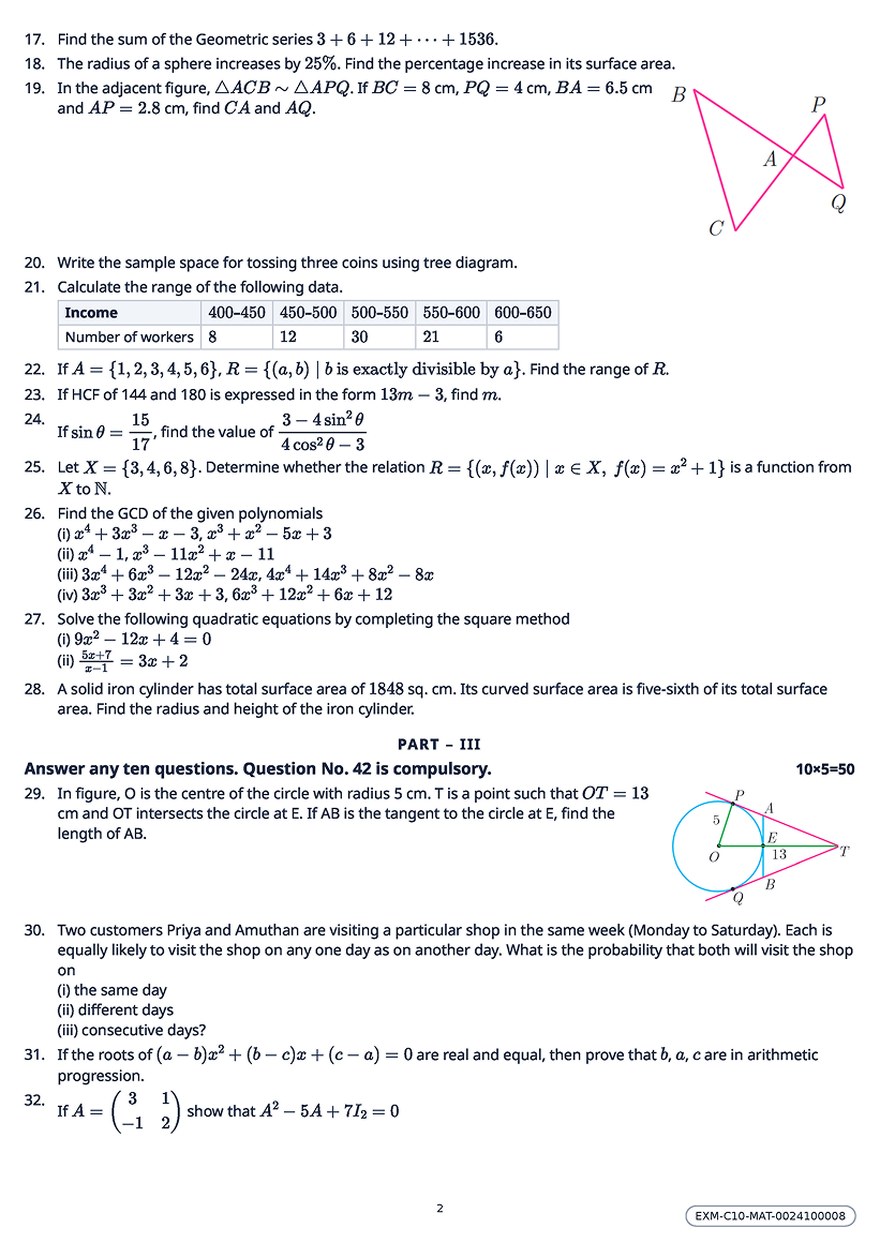Page two of the same paper, showing geometry questions with their diagrams drawn alongside, a data table set inside a question, and the Part III heading.