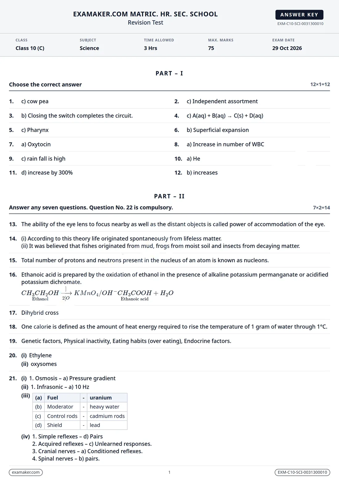 The same answer key, answers only: Part I's twelve answers in two columns, then Part II's answers in full.
