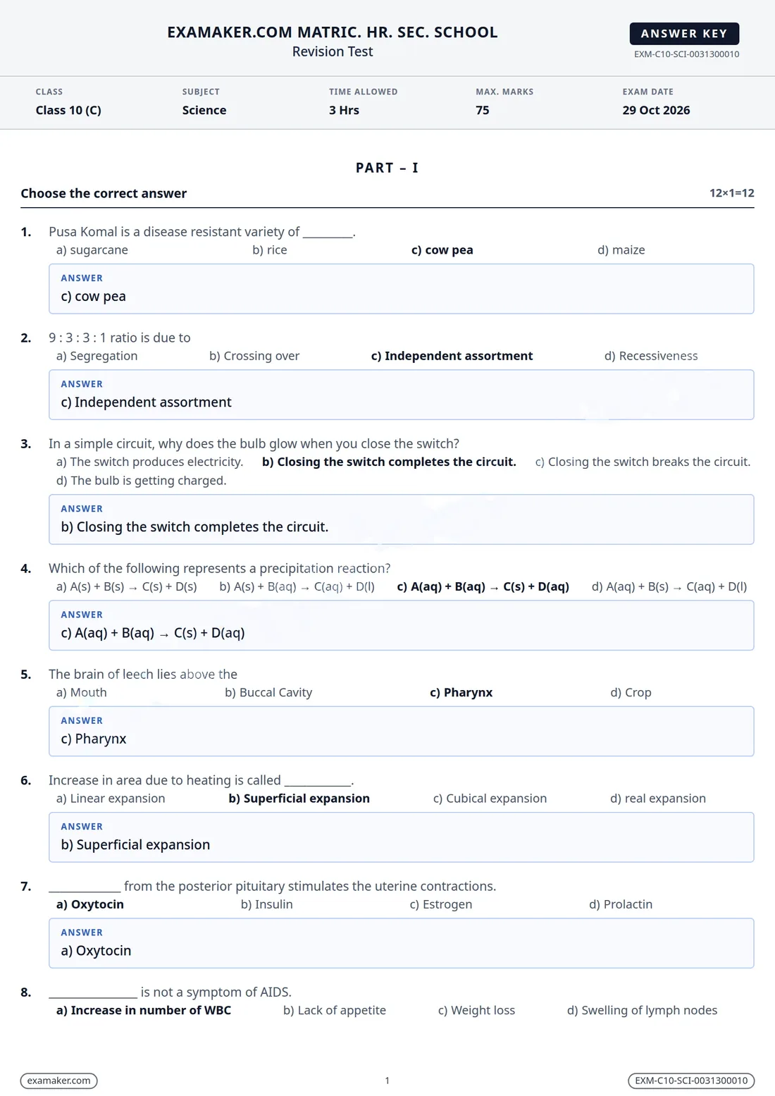 A Class 10 Science answer key made by Examaker, with questions: each multiple-choice question with its correct option in bold and the answer in a light-blue box beneath it.