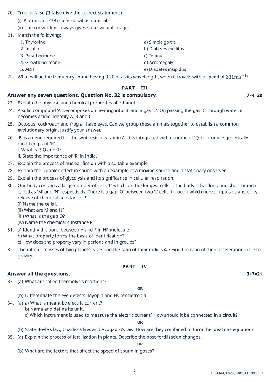 Page two of the Class 10 Science question paper, showing a five-pair match-the-following question in two aligned columns, a true-or-false question, and questions that each offer an internal OR choice.