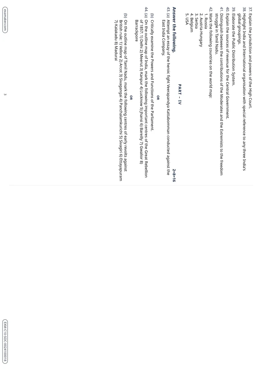 The second sheet of the Class 10 Social Science question paper in the same horizontal print layout, carrying the map-work question and the final essay choices.